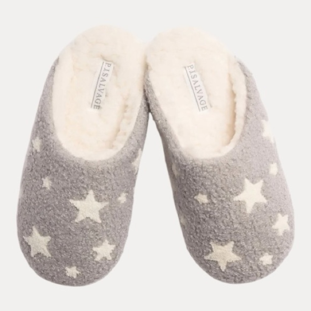 P.J. Salvage Let’s Get Cozy Gray and White Starry Slippers NWT